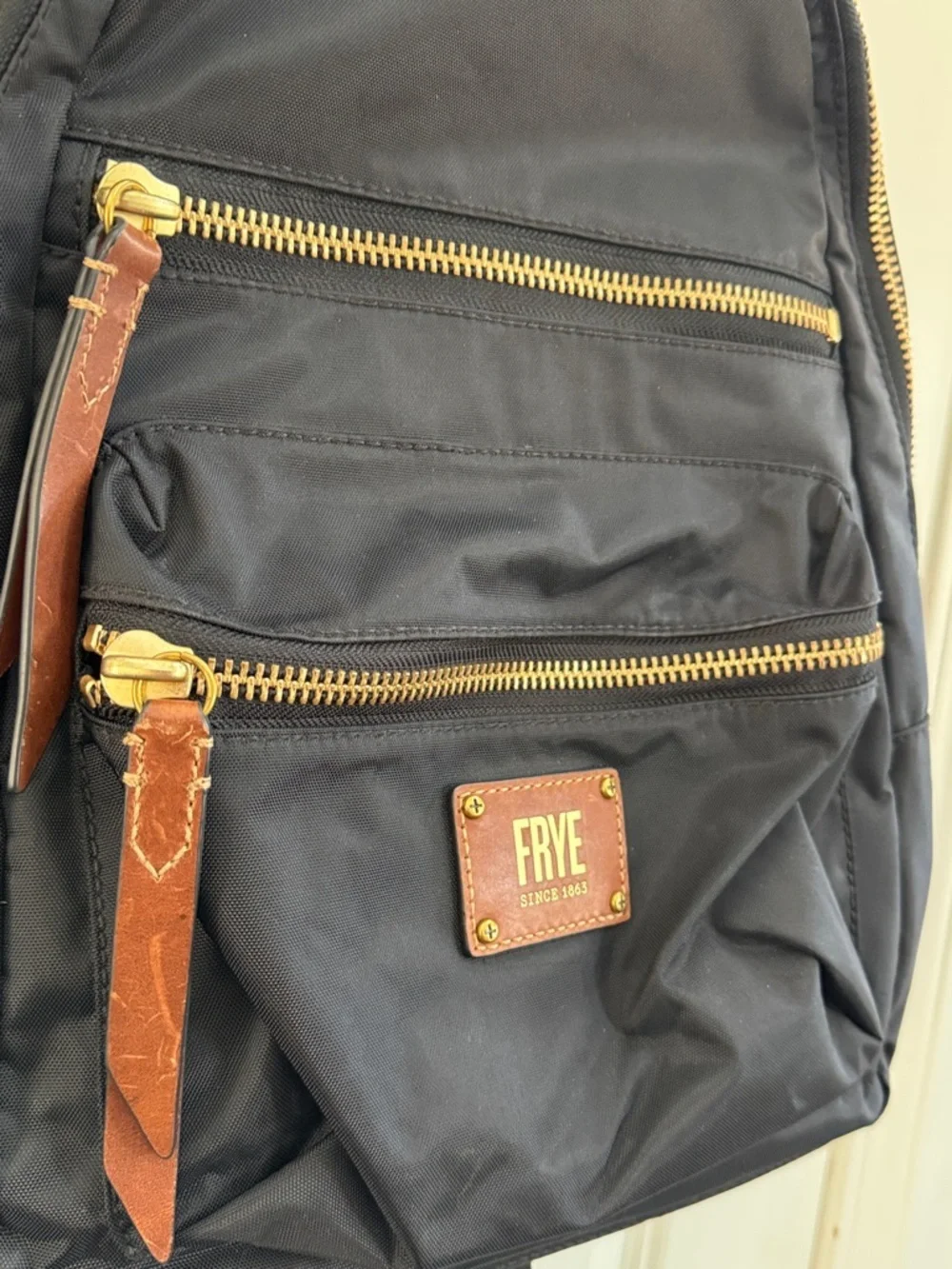 Frye Black Backpack with Brown Leather Accents and Gold  display picture 1